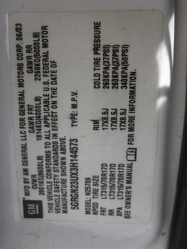 Rear Axle Fits 03-05 HUMMER H2 1063632