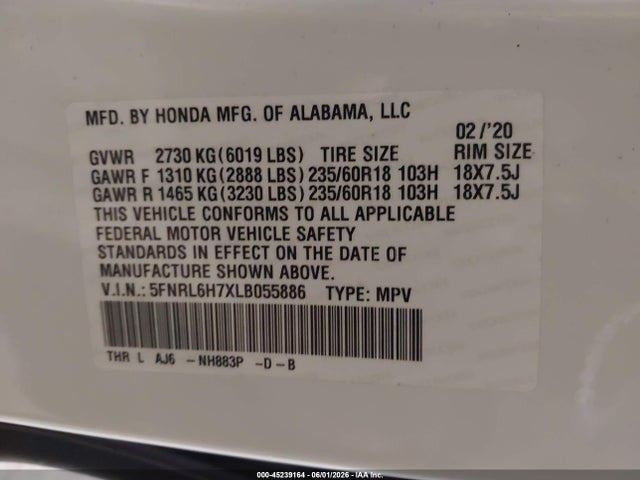 ODYSSEY   2020 Seat Belt Rear 1972278