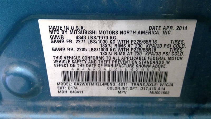 Driver Left Headlight Halogen Fits 11-19 OUTLANDER SPORT 1903300