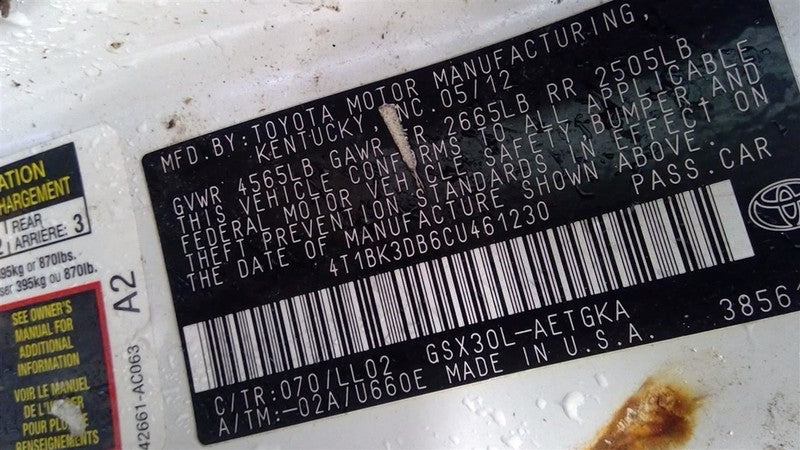 Driver Left Tail Light Decklid Mounted Fits 11-12 AVALON 1706094