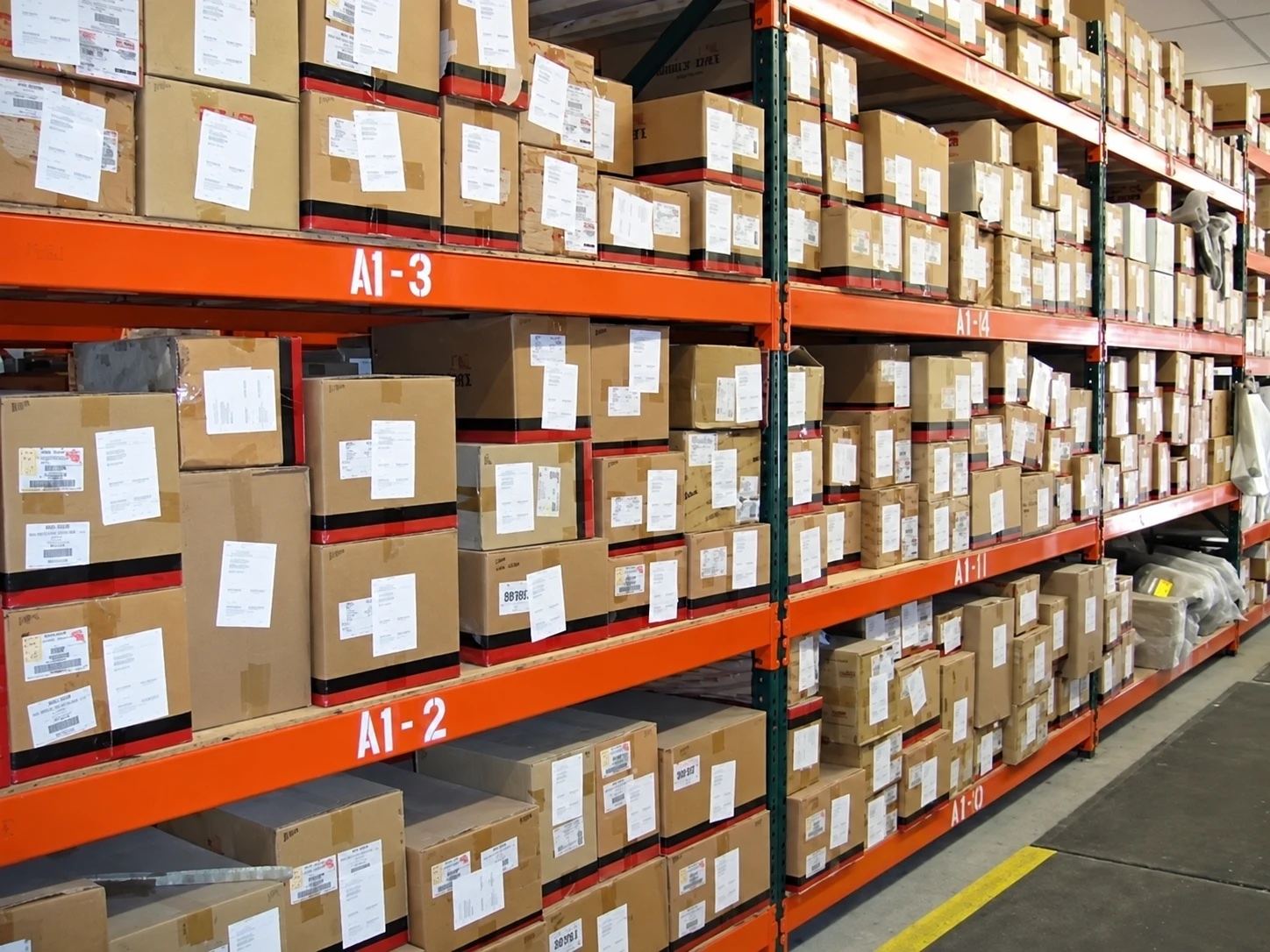 Boxed parts on the Spilman warehouse shelves, ready to ship